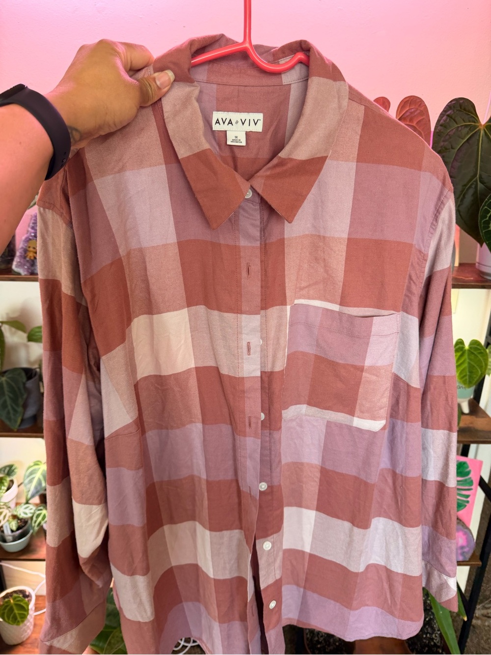 Ava & Viv Dusty Pink and Mauve Plaid Button-Front Shirt